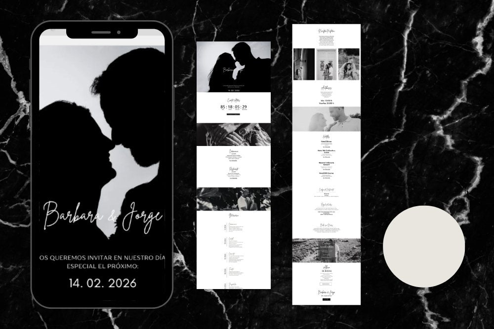 Invitación de boda online actualizable en tiempo real, diseño Nieve – Colección Amatista