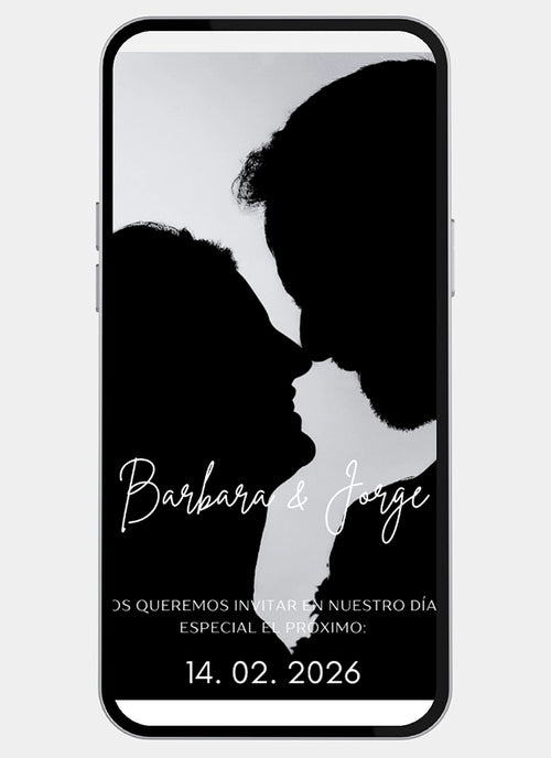 Pantalla de un smartphone mostrando la portada de la invitación digital de boda modelo 'Amatista'. Presenta una fotografía de los novios, sobre un banco frente a un paisaje natural a contraluz. Debajo de la foto, en un fondo blanco limpio, destacan los nombres "Barbara & Jorge" en tipografía serif elegante, la fecha y una cuenta atrás dinámica y funcional.
