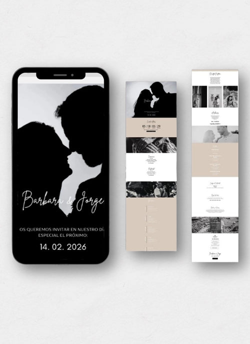 Maqueta de la invitación de boda digital 'Amatista Marfil' en tonos blanco hueso y crema. Presenta el diseño en el móvil y la versión web extendida, enfatizando una estética extremadamente limpia, minimalista y sofisticada, con fondos marfil para todas las secciones interactivas.