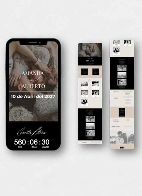 Maqueta de la invitación de boda digital 'Anape Marfil' en tonos blanco hueso y crema. Presenta el diseño en el móvil y la versión web extendida, enfatizando una estética extremadamente limpia, minimalista y sofisticada, con fondos marfil para todas las secciones interactivas.