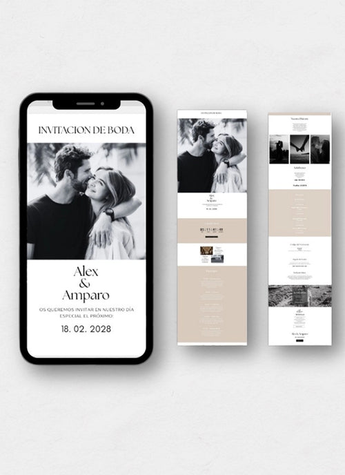 Maqueta de la invitación de boda digital 'Aventurina Marfil' en tonos blanco roto, crema y marfil. La imagen presenta el móvil y la vista web scrollable, destacando una estética minimalista y sofisticada con fondo marfil para todas las secciones de información.