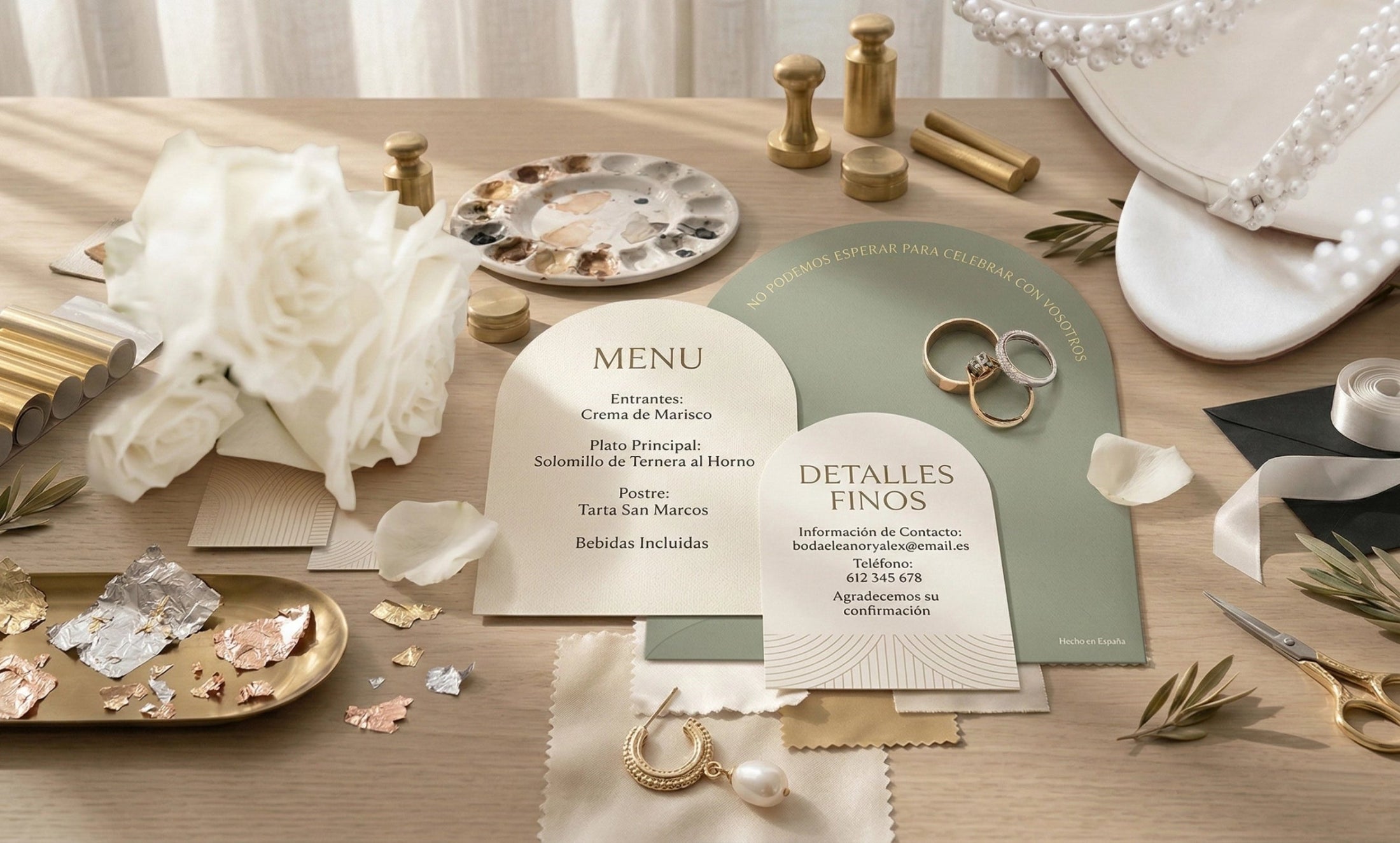 Detalle del momento preciso en que la prensa aplica presión y calor para transferir el foil dorado sobre una invitación de boda de cartulina oscura texturizada. Se aprecia la precisión manual del artesano guiando la máquina sobre el cliché metálico para crear un relieve nítido y brillante. Un acabado de lujo que aporta textura y exclusividad a cada pieza, garantizando que el diseño botánico y los nombres de los novios destaquen con elegancia.