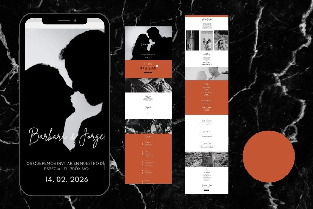 Invitación de boda online actualizable en tiempo real, diseño terracota – Colección Amatista