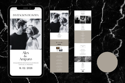 Invitación de boda online actualizable en tiempo real, diseño ceniza– Colección Aventurina