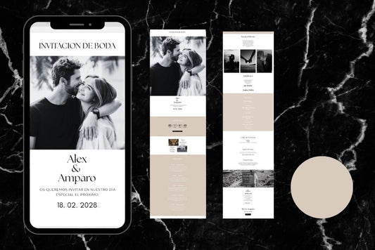 Invitación de boda online actualizable en tiempo real, diseño Marfil – Colección Aventurina