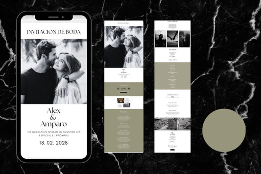 Invitación de boda online actualizable en tiempo real, diseño oliva– Colección Aventurina