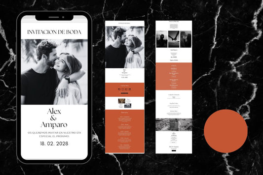 Invitación de boda online actualizable en tiempo real, diseño terracota– Colección Aventurina
