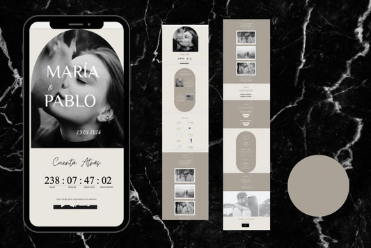Invitación de boda online actualizable en tiempo real, diseño ceniza – Colección Cuarzo