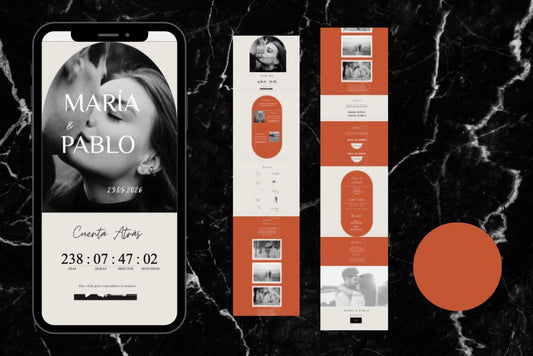 Invitación de boda online actualizable en tiempo real, diseño terracota – Colección Cuarzo